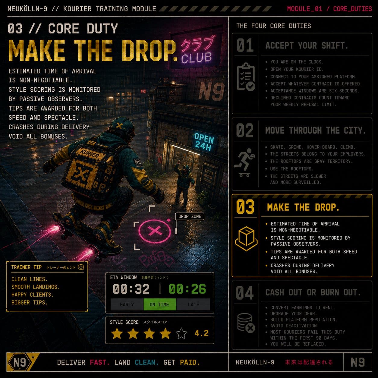 Training module 03 — Make The Drop. Kourier sliding into a drop zone outside an Open 24H storefront, ETA window on display.