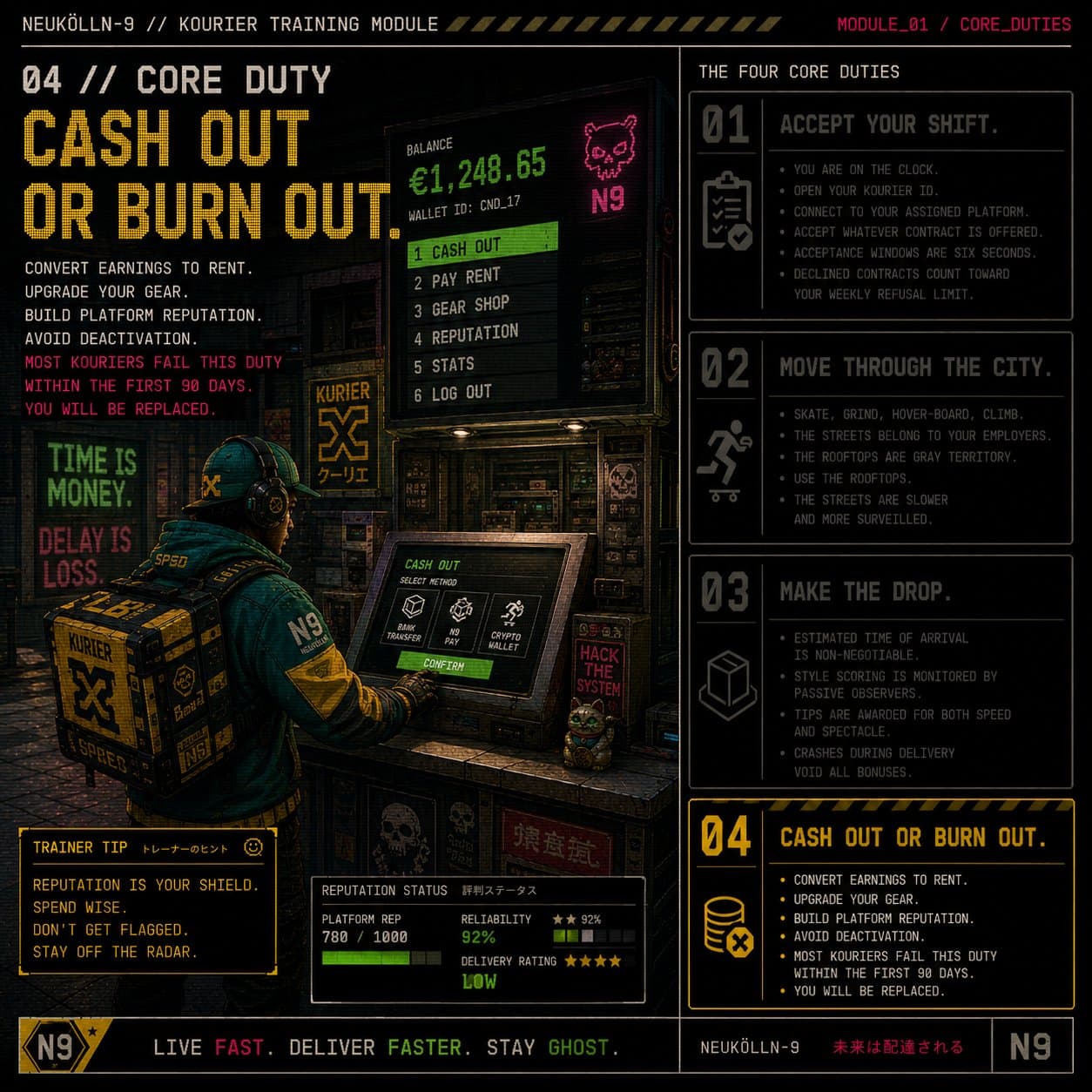Training module 04 — Cash Out Or Burn Out. Kourier at a payout terminal with reputation status panel below.