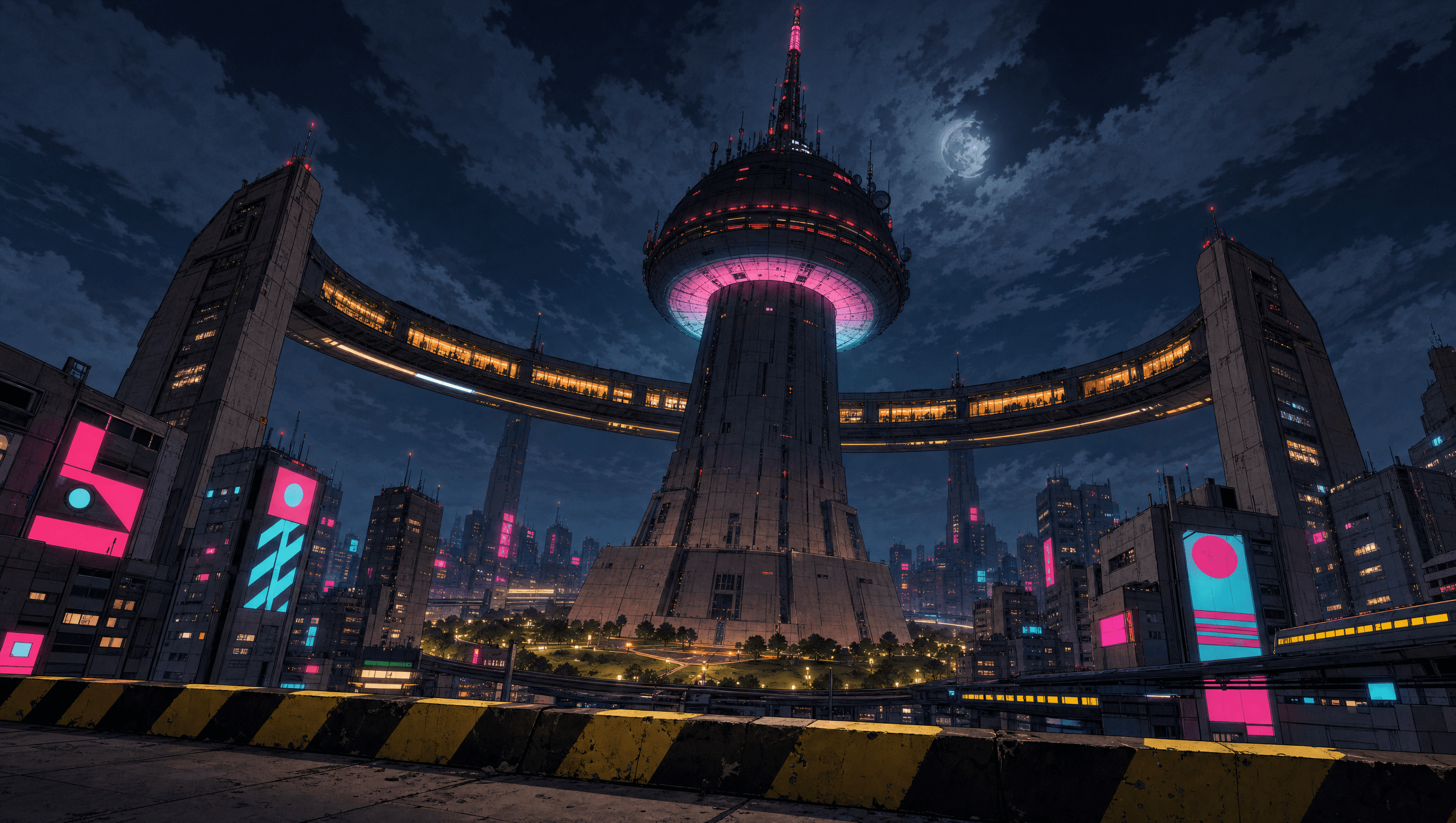 Knoten Null and Die Schleife rising over Neukölln-9 at night. Central megastructure of Das Auge.