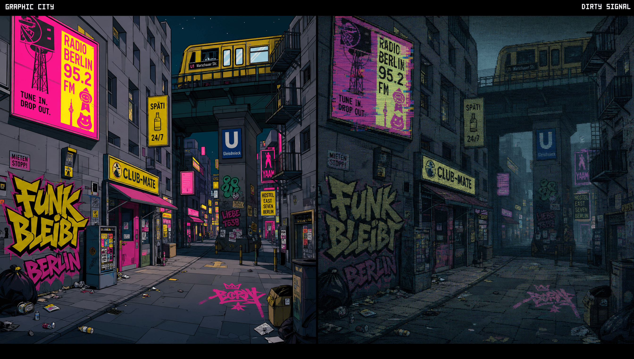 Side-by-side rendering comparison: clean graphic city on the left, crunchy dirty signal on the right.